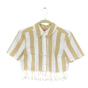 STAUD Tan and White Striped Crop Top with Fringe